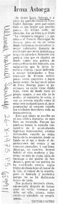 Irma Astorga  [artículo] Víctor Castro.