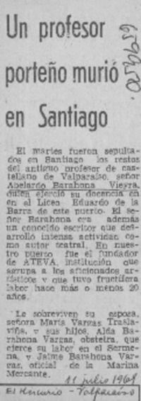 Un Profesor porteño murió en Santiago.  [artículo]