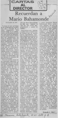 Recuerdan a Mario Bahamonde  [artículo] Berbardo A. Julio C.