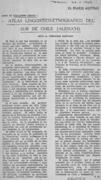 Atlas lingüístico-etnográfico del sur de Chile (ALESUCH)  [artículo] Fernando Santiván.