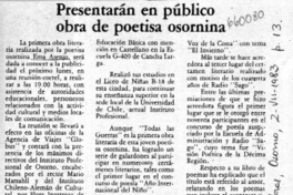 Presentarán en público obra de poetisa osornina.  [artículo]
