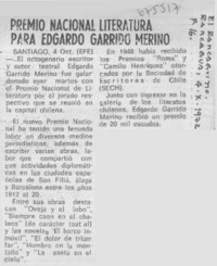 Premio Nacional literatura para Edgardo Garrido Merino.