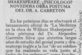 Shakespeare, ¿psicólogo? novedosa obra póstuma del Dr. a Garretón.