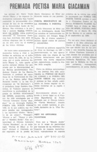 Premiada poetisa María Giacaman.