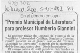 "Premio municipal de literatura" para profesor Humberto Giannini.