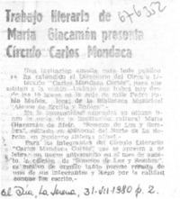 Trabajo literario de María Giacamán presenta Círculo Carlos Mondaca.