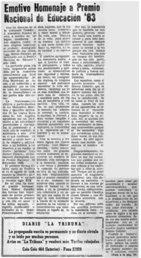 Emotivo homenaje a premio nacional de educación '83.
