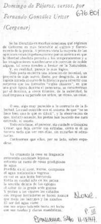Domingo de pájaros, versos, por Fernando González Urízar