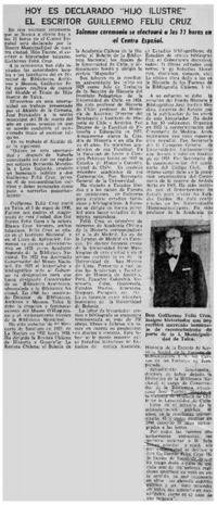 Hoy es declarado "Hijo ilustre" el escritor Guillermo Feliú Cruz.