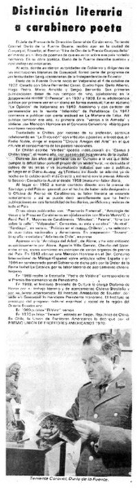 Distinción literaria a carabinero poeta.