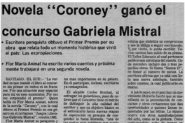 Novela "Coroney" ganó el concurso Grabriel Mistral.