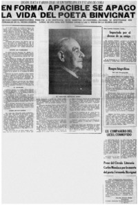 En forma apacible se apagó la vida del poeta Binvignat.