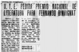 U. T. E. pedirá Premio Nacional de Literatura para Fernando Binvignat.