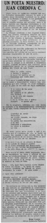 Un Poeta nuestro: Juan Cordova C.