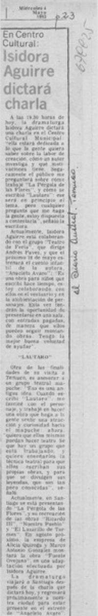 Isidora Aguirre dictará charla.