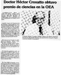 Doctor Héctor Croxatto obtuvo premio de ciencias en la OEA.
