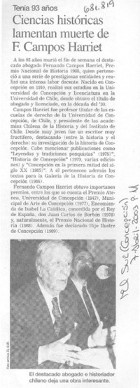 Ciencias históricas lamentan muerte de F. Campos Harriet.