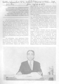 Discurso del señor Sergio Hernández, con motivo de la presentación y lanzamiento a la publicidad del libro "Enigmas infantiles", del ex alumno Edmundo Guiñez Caliz.