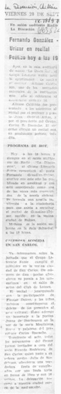 Fernando González Urízar en recital poético hoy a las 19.