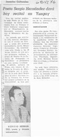Poeta Sergio Hernández dará hoy recital en Yungay.