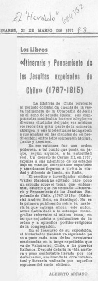 Itinerario y pensamiento de los Jesuitas expulsados de Chile" (1767-1815)