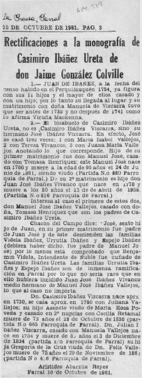 Rectificaciones a la monografía de Casimiro Ibáñez Ureta de don Jaime González Colville