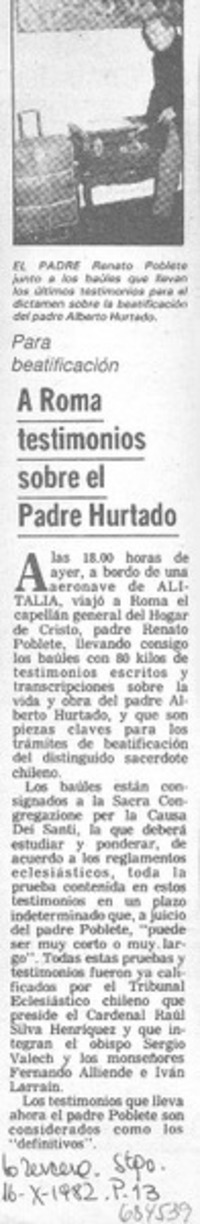 A Roma testimonios sobre el Padre Hurtado.