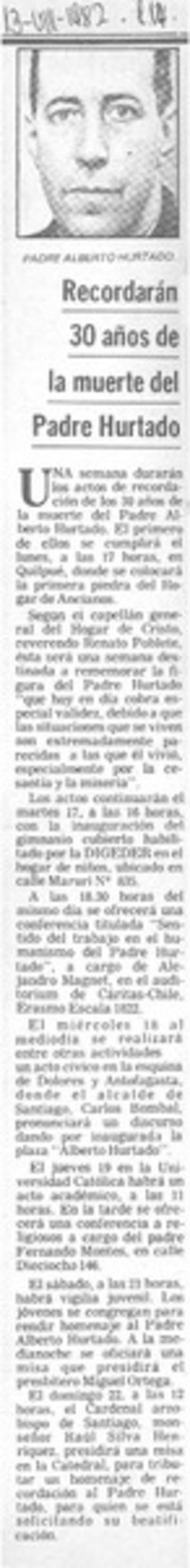 Recordarán 30 años de la muerte del Padre Hurtado.
