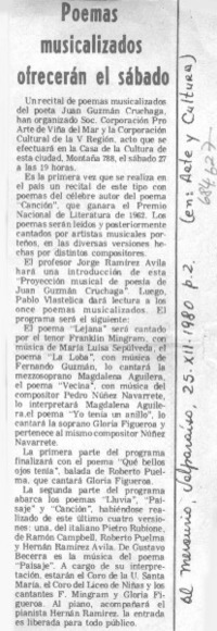 Poemas musicalizados ofrecerán el sábado.