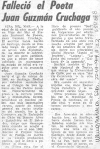 Falleció el poeta Juan Guzmán Cruchaga.