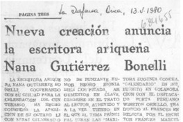 Nueva creación anuncia la escritora ariqueña Nana Gutiérrez Bonelli.