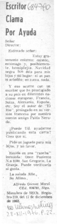 Escritor clama por ayuda