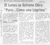 El Lunes se estrena obra "Puro-- como una lágrima".