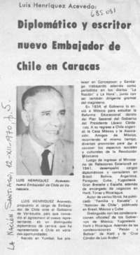 Diplomático y escritor nuevo embajador de Chile en Caracas.