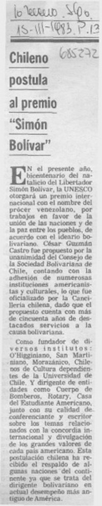 Chileno postula al premio "Simón Bolívar".