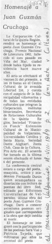 Homenaje a Juan Guzmán Cruchaga.