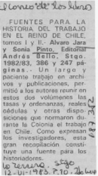 Fuentes para la historia del trabajo en el reino de Chile.