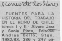 Fuentes para la historia del trabajo en el reino de Chile.