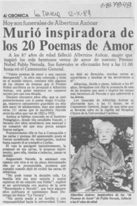 Murió inspiradora de los 20 poemas de amor.
