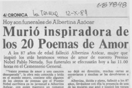Murió inspiradora de los 20 poemas de amor.