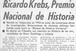Ricardo Krebs, Premio Nacional de Historia.