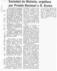 Sociedad de Historia, orgullosa por Premio Nacional a R. Krews.