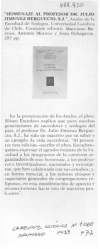 Homenaje al profesor Dr. Julio Jiménez Berguencio, S. J.