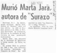 Murió Marta Jara, autora de "Surazo".