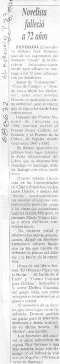 Novelista falleció a 72 años