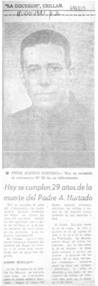 Hoy se cumplen 29 años de la muerte del Padre A. Hurtado.