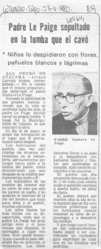 Padre Le Paige sepultado en la tumba que él cavó