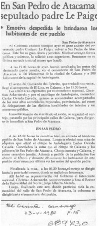 En San Pedro de Atacama sepultado padre Le Paige.