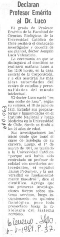 Declaran Profesor Emérito al Dr. Luco.