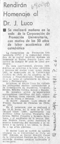 Rendirán homenaje al Dr. J. Luco.